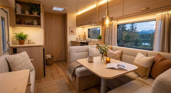 Mysig husvagnsinteriör med ny klädsel, varm belysning och skandinavisk stil.